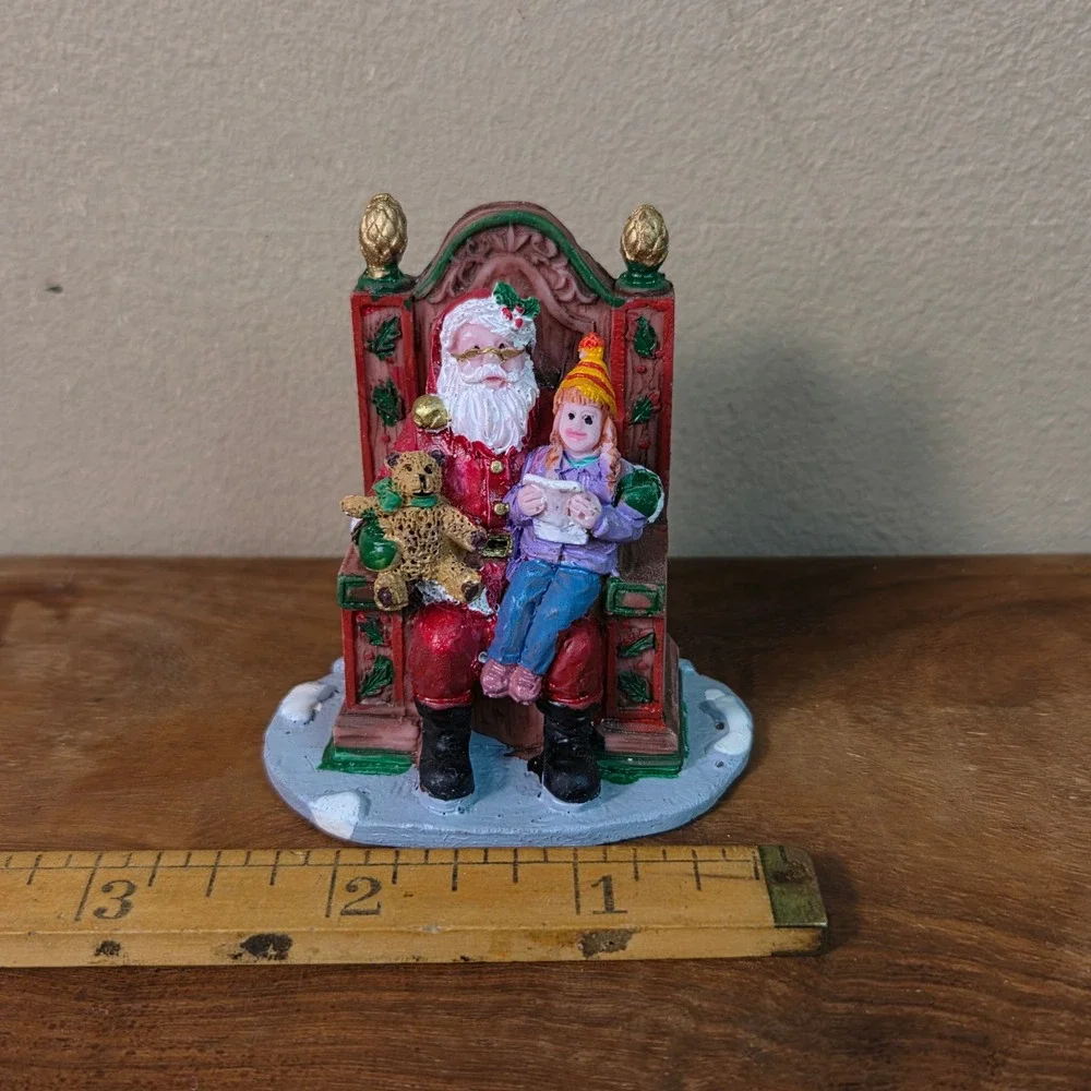 Santa Claus Figurine on Throne Girl Teddy Bear Christmas Village Decor Ornament
